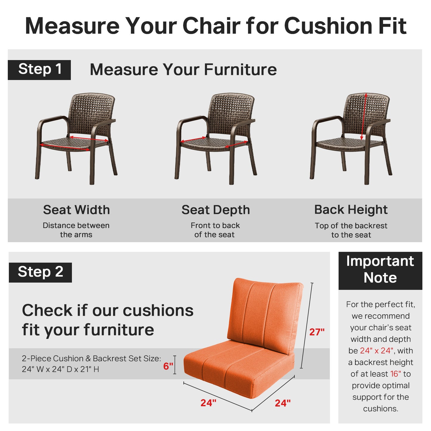 Luxury 6" Thick Outdoor Seat Cushion – 24"x24" Water-Resistant Patio Chair Cushion for Rattan & Sectional Seating