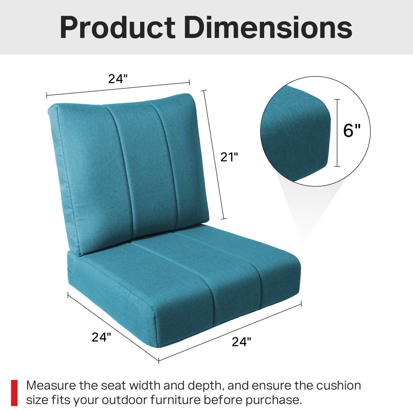 Luxury 6" Thick Outdoor Seat Cushion – 24"x24" Water-Resistant Patio Chair Cushion for Rattan & Sectional Seating