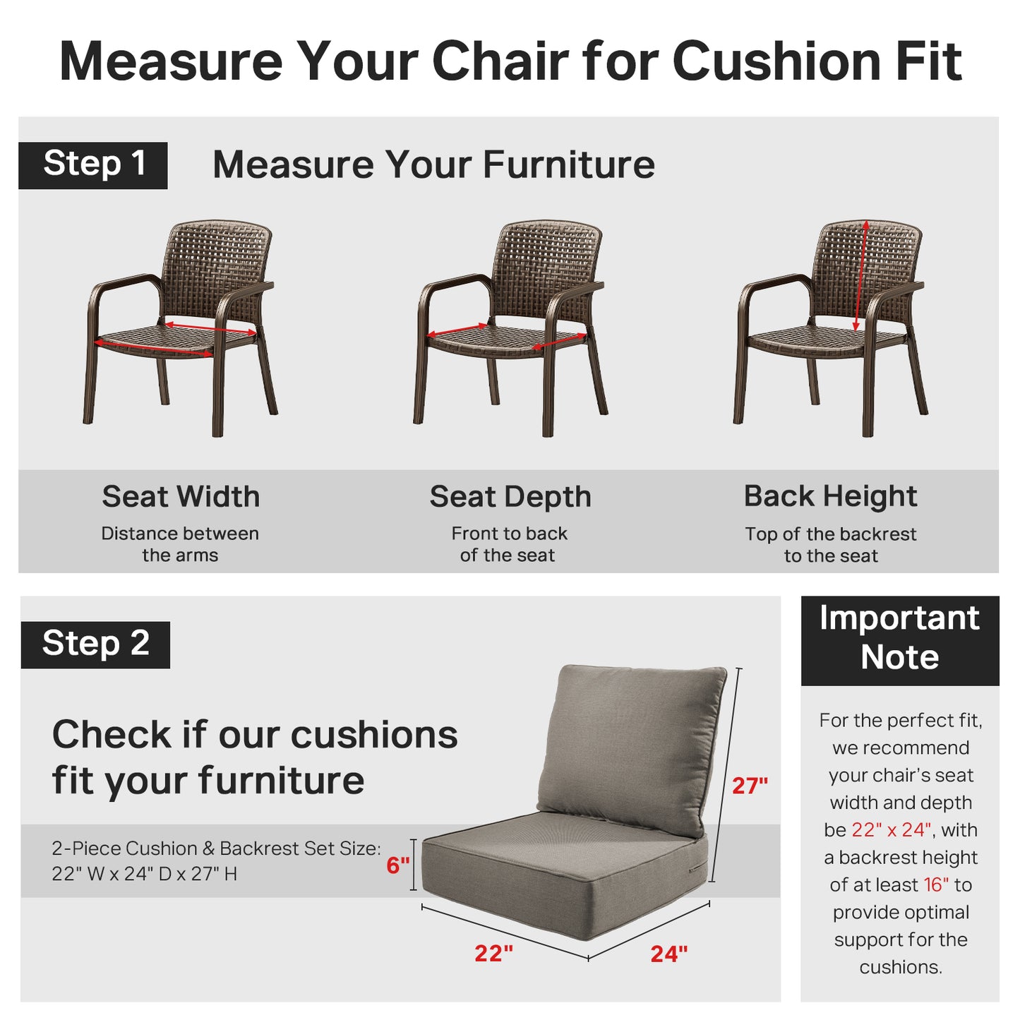 Belord 4-Piece Replacement Seat Back Cushions Set with Olefin Fabric and Zipper, 6"H x 22"W x 24"D