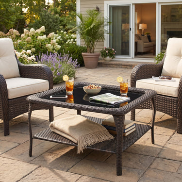 Belord outdoor wicker coffee table with glass top and two-tier storage, perfect for patio conversation sets.