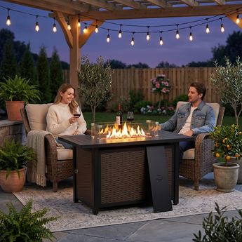 Belord 43-inch rectangular iron propane fire pit table with 50,000 BTU, ETL certified, ideal for patio outdoor heating and gatherings.