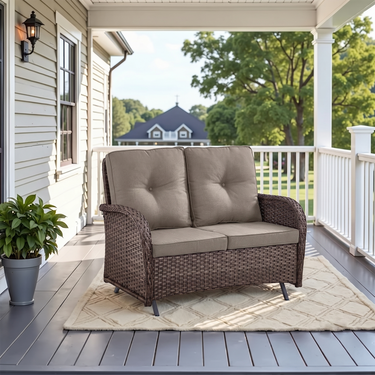 Belord outdoor wicker loveseat bench from the NDS series, a 2-seater patio glider bench with cushioned seating and a stylish design.