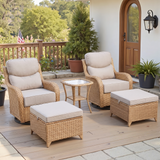 Belord 5-piece swivel glider lounge set with ottomans and side table, featuring modern seating and cozy fabric cushions.