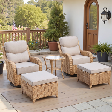 Belord 5-piece swivel glider lounge set with ottomans and side table, featuring modern seating and cozy fabric cushions.