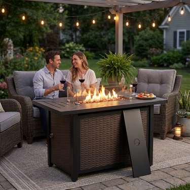 Belord 43-inch rectangular iron propane fire pit table with 50,000 BTU, ETL-certified, suitable for outdoor patio gatherings.
