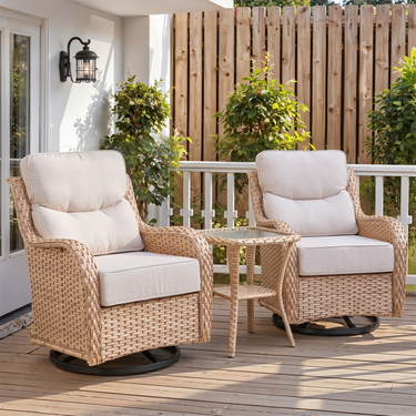 Belord 3-piece outdoor patio swivel glider chairs with side table from the NT Series, featuring comfortable seating and a sturdy table.