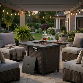 Belord 30-inch iron propane fire pit table with lid, 50,000 BTU, ETL safety certified, designed for patio fire table sets.