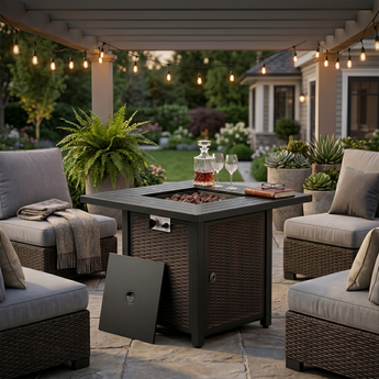 Belord 30-inch iron propane fire pit table with lid, 50,000 BTU, ETL safety certified, designed for patio fire table sets.