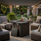 Belord 30-inch iron propane fire pit table with lid, 50,000 BTU, ETL safety certified, designed for patio fire table sets.
