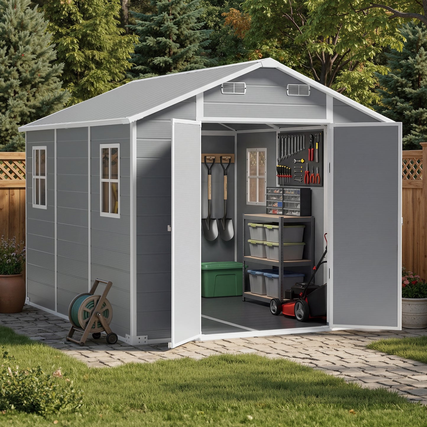 8x10 FT Outdoor Resin Storage Shed with Floor, Durable Plastic Garden Storage Shed for Patio, Backyard & Lawn