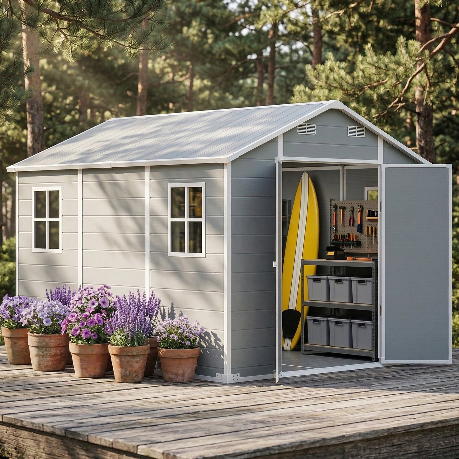 Gray and white Belord outdoor resin storage shed with floor, ideal for garden, backyard, or patio storage.
