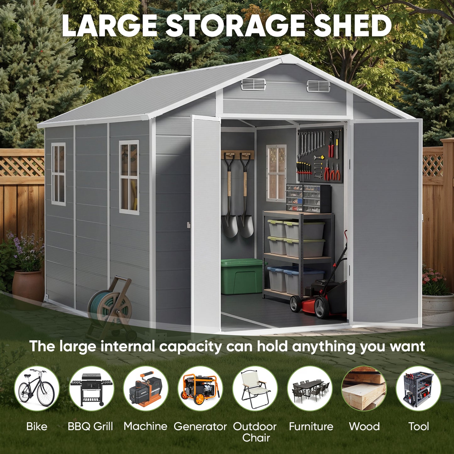 8x10 FT Outdoor Resin Storage Shed with Floor, Durable Plastic Garden Storage Shed for Patio, Backyard & Lawn