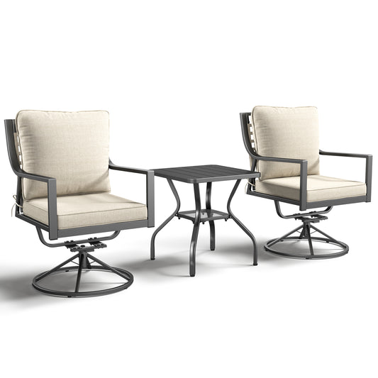 Luxury 3-Pc Patio Furniture Set - 2 360° Swivel Chairs + Wrought Iron Side Table