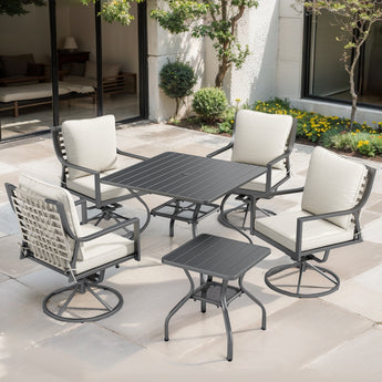 Luxury 6-Piece Patio Dining Set – Includes 4 Swivel Chairs, Square Metal Dining Table & Black Iron Side Table - Belord