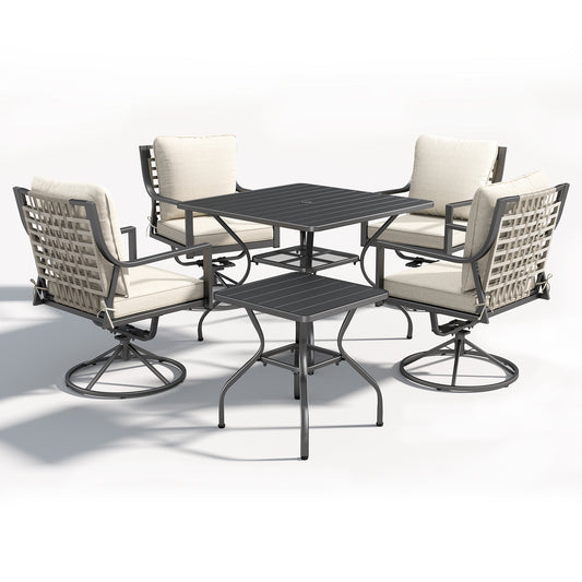 Luxury 6-Piece Patio Dining Set – Includes 4 Swivel Chairs, Square Metal Dining Table & Black Iron Side Table