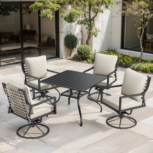 Grand Patio Set 5-Piece with 1 Black Square Iron Table and 4 Swivel Dining Chairs