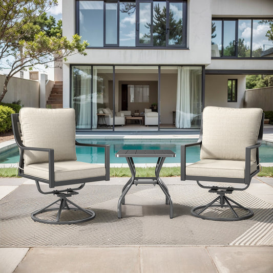 Luxury 3-Pc Patio Furniture Set - 2 360° Swivel Chairs + Wrought Iron Side Table