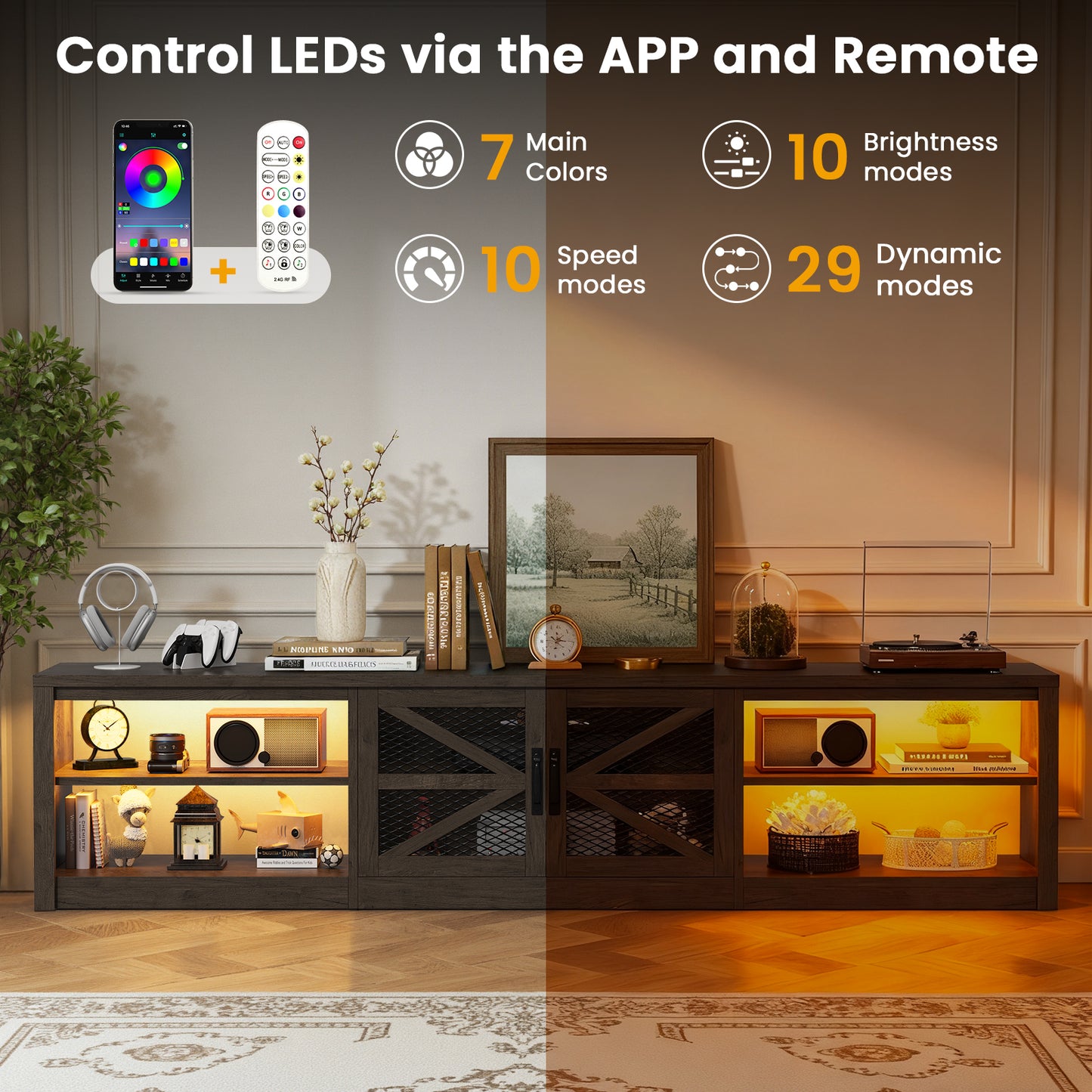 Save 50% - 79" Farmhouse TV Stand for Large Screens in Grey Oak with Ambient LED Lighting