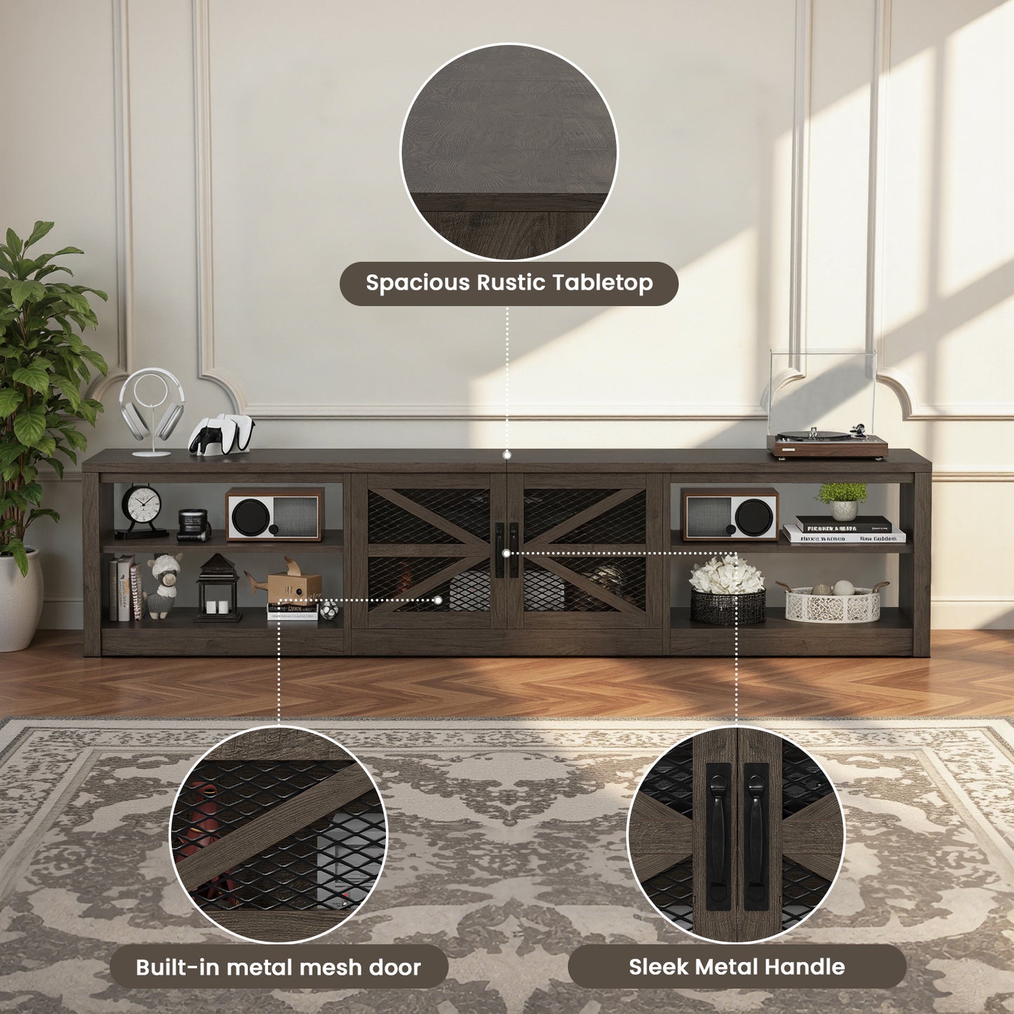 Save 50% - 79" Farmhouse TV Stand for Large Screens in Grey Oak with Ambient LED Lighting