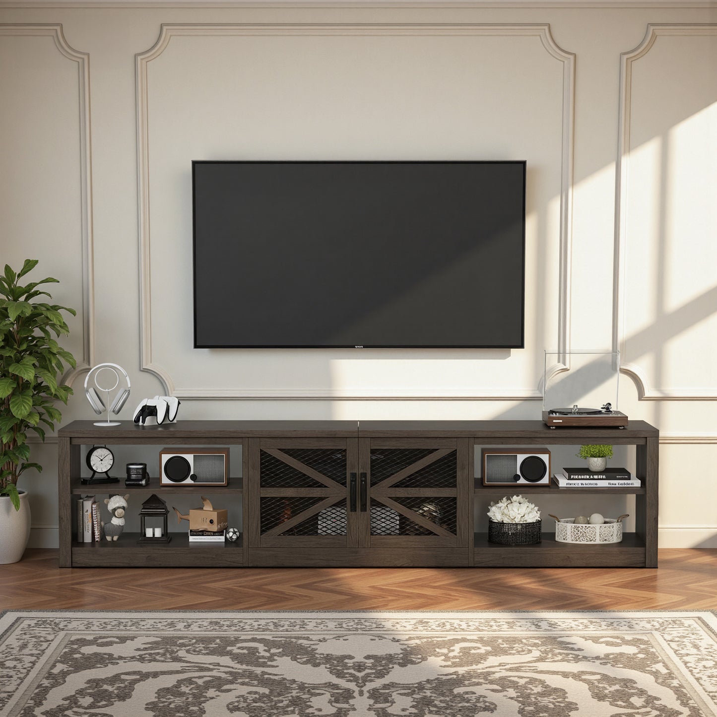 Save 50% - 79" Farmhouse TV Stand for Large Screens in Grey Oak with Ambient LED Lighting