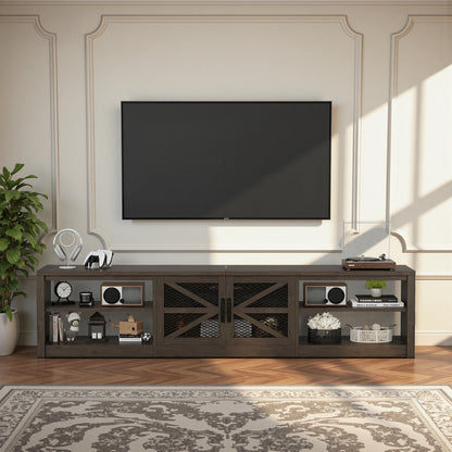 Save 50% - 79" Farmhouse TV Stand for Large Screens in Grey Oak with Ambient LED Lighting