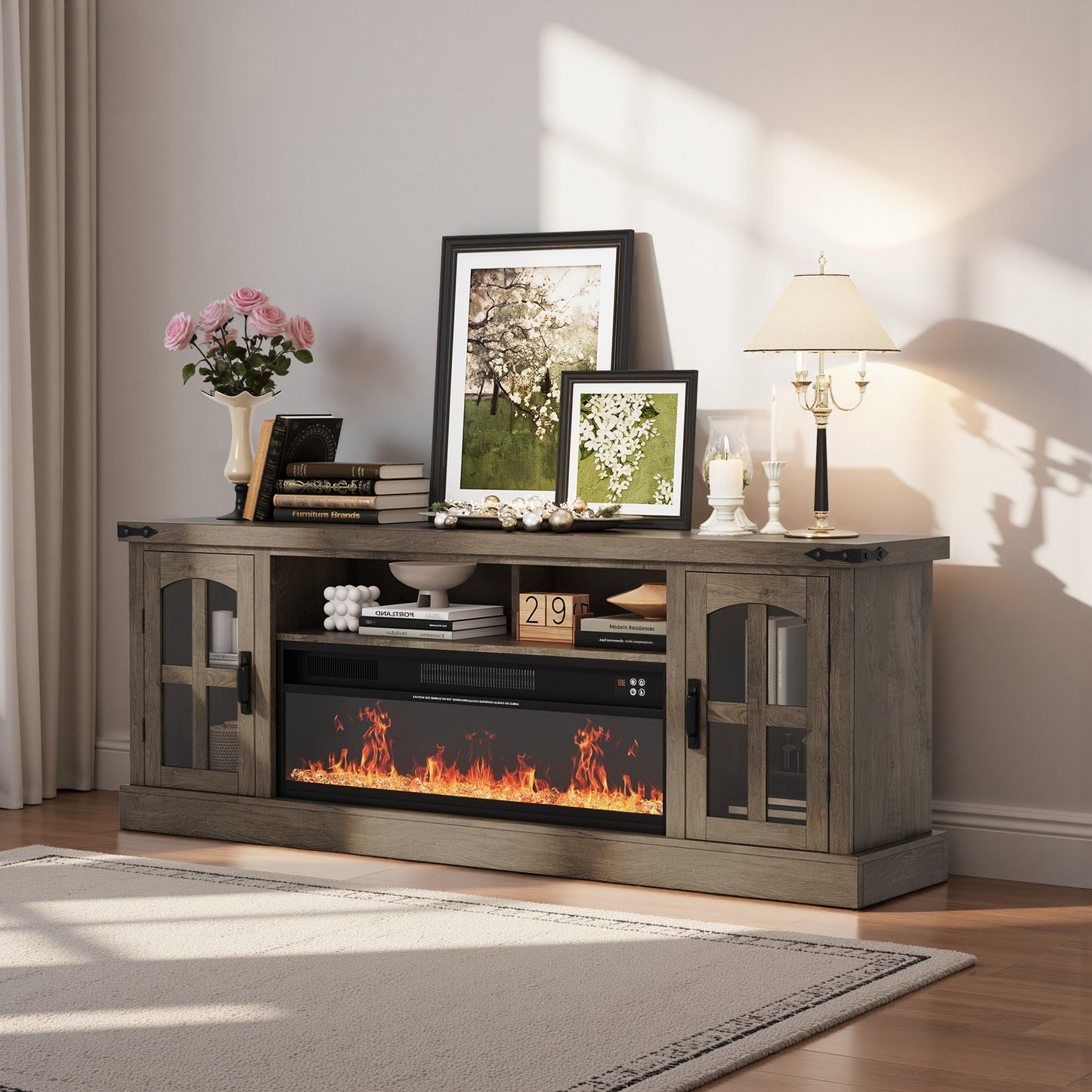 Save 50% - Belord 70.9-Inch Electric Fireplace TV Stand for TVs up to 80 Inches, Wooden Media Console with 1500W 38.2-Inch Fireplace