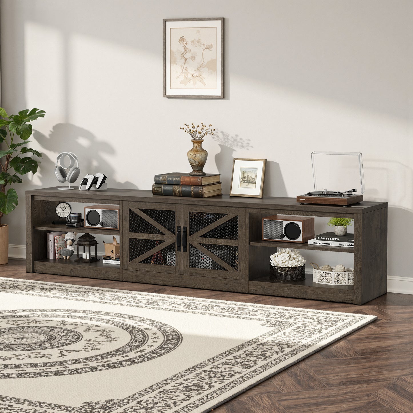 Save 50% - 79" Farmhouse TV Stand for Large Screens in Grey Oak with Ambient LED Lighting