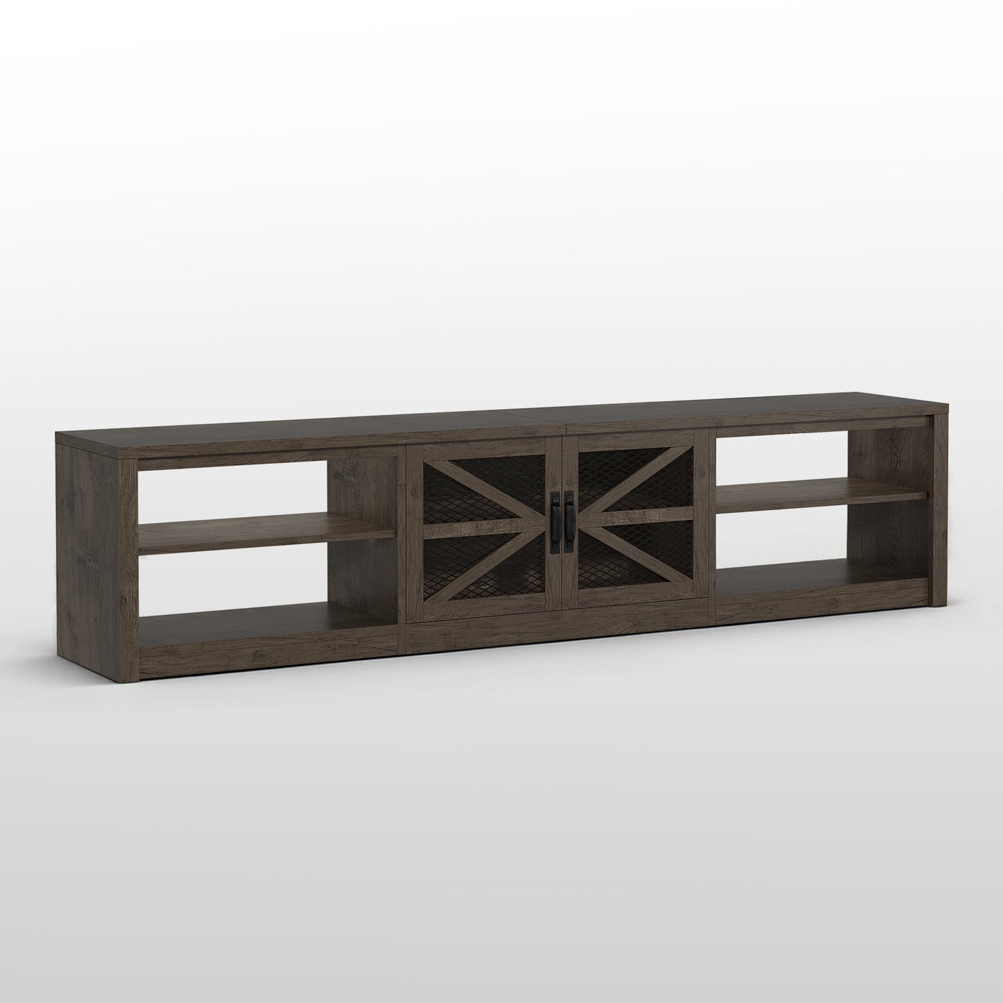 Save 50% - 79" Farmhouse TV Stand for Large Screens in Grey Oak with Ambient LED Lighting