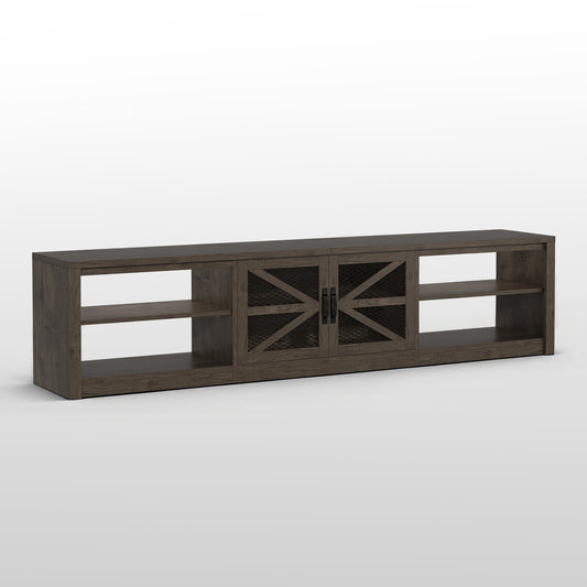 Save 50% - 79" Farmhouse TV Stand for Large Screens in Grey Oak with Ambient LED Lighting