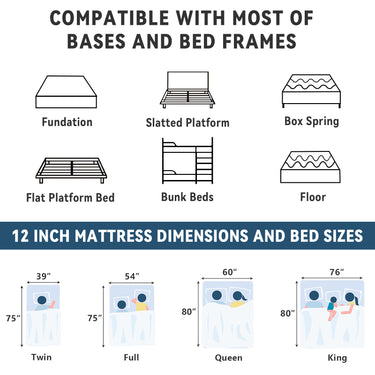 12 Inch Hybrid Mattress in Twin, Full, Queen, King - Medium Firm Support with Memory Foam and Springs - Belord