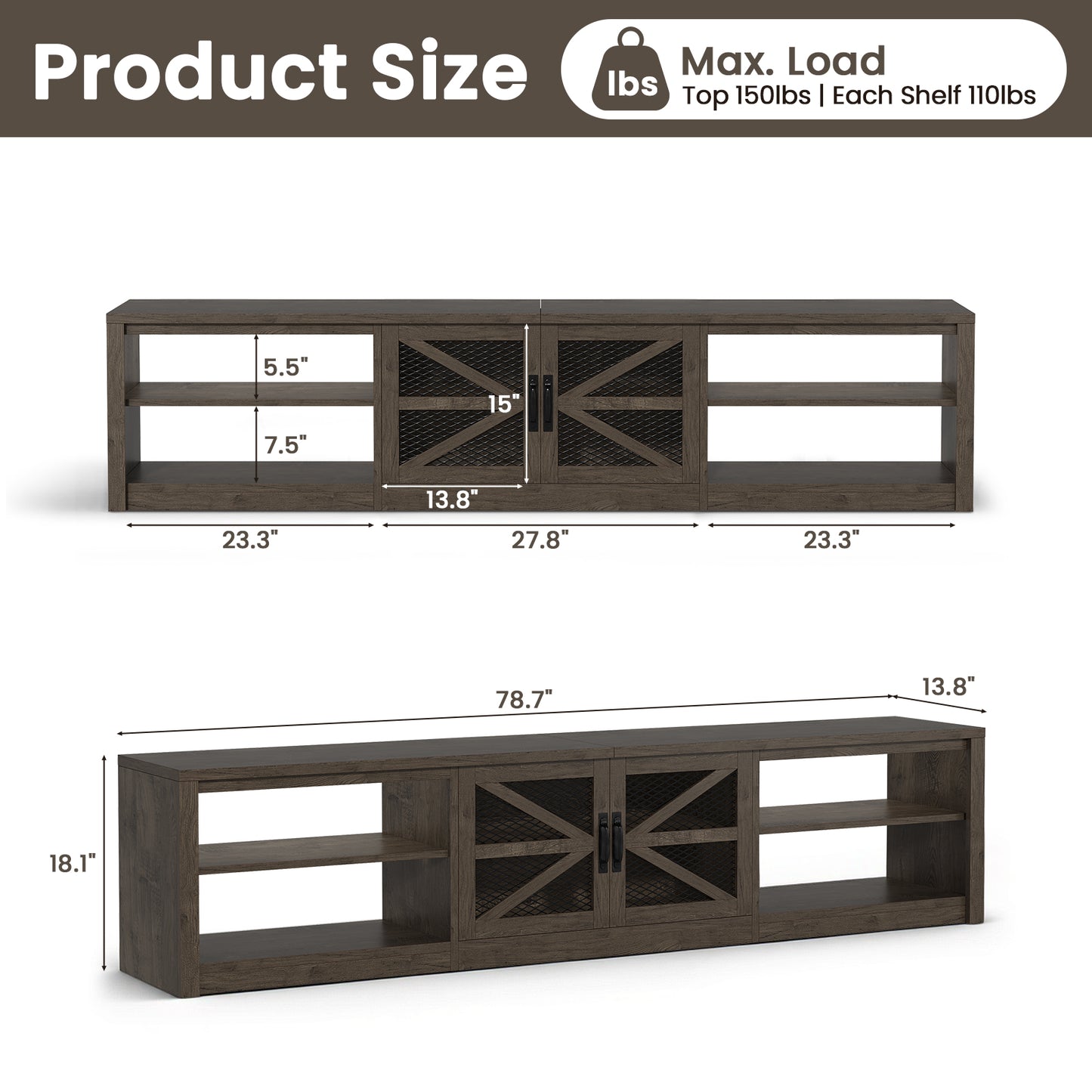 Save 50% - 79" Farmhouse TV Stand for Large Screens in Grey Oak with Ambient LED Lighting