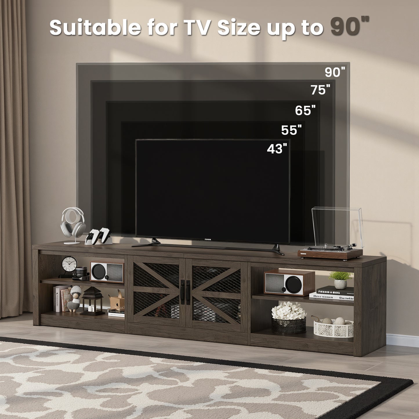 Save 50% - 79" Farmhouse TV Stand for Large Screens in Grey Oak with Ambient LED Lighting