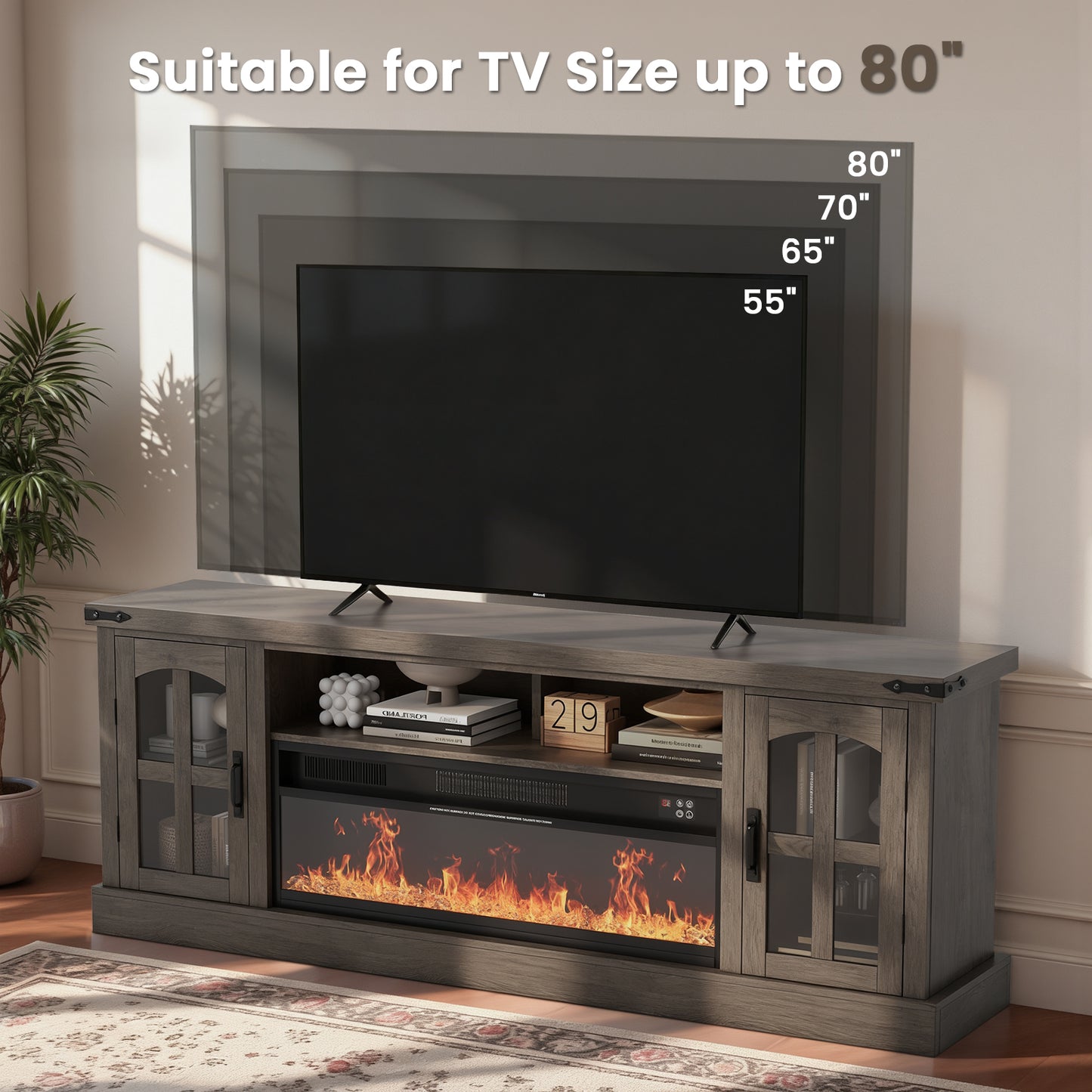 Save 50% - Belord 70.9-Inch Electric Fireplace TV Stand for TVs up to 80 Inches, Wooden Media Console with 1500W 38.2-Inch Fireplace