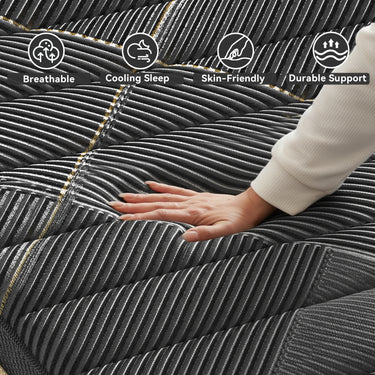Gray 12-inch Belord hybrid mattress with memory foam and springs, available in Twin, Full, Queen, and King sizes, medium firm support.