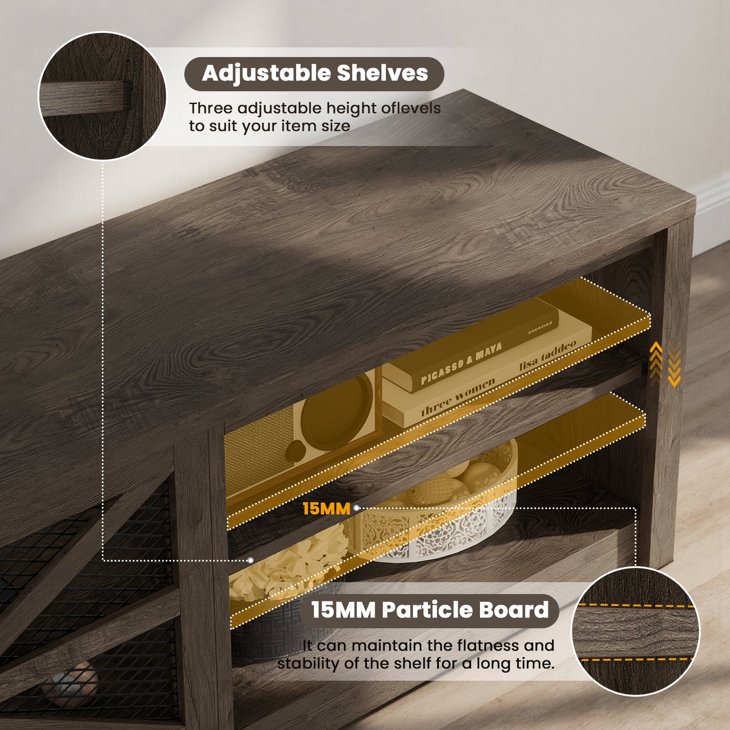 Save 50% - 79" Farmhouse TV Stand for Large Screens in Grey Oak with Ambient LED Lighting