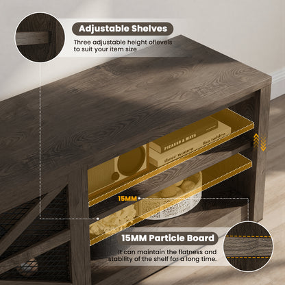 Save 50% - 79" Farmhouse TV Stand for Large Screens in Grey Oak with Ambient LED Lighting