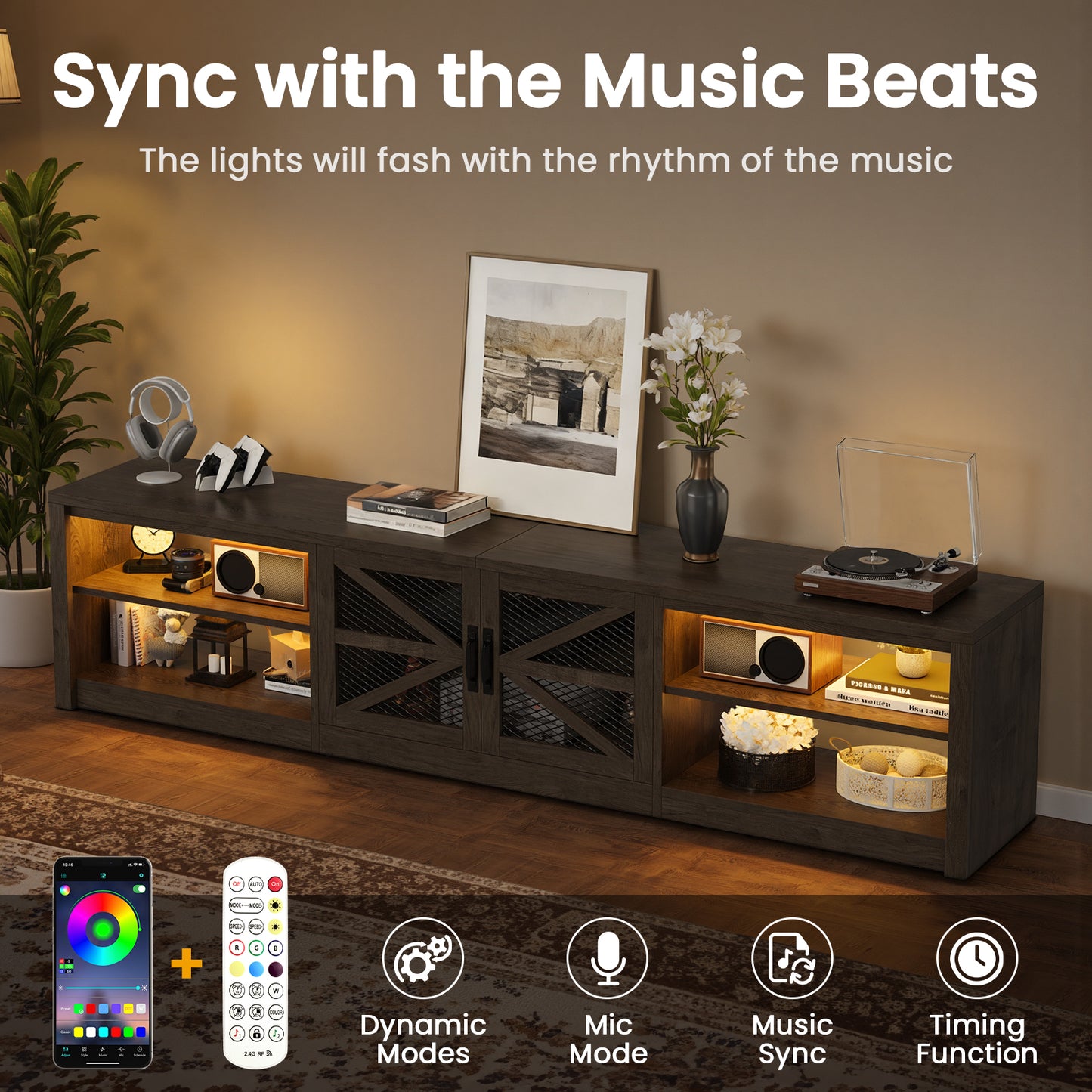 Save 50% - 79" Farmhouse TV Stand for Large Screens in Grey Oak with Ambient LED Lighting