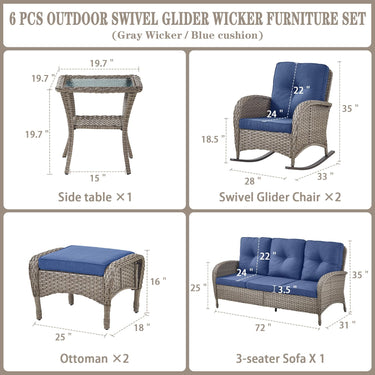 Patio Conversation Set 6-Piece with Sofa, Rocking Chairs, Side Table, and Ottoman, NDS Series - Belord