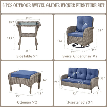Patio Conversation Set 6-Piece with Sofa, Swivel Glider Chairs, Side Table, and Ottoman, NDS Series - Belord