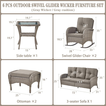 Patio Conversation Set 6-Piece with Sofa, Rocking Chairs, Side Table, and Ottoman, NDS Series - Belord