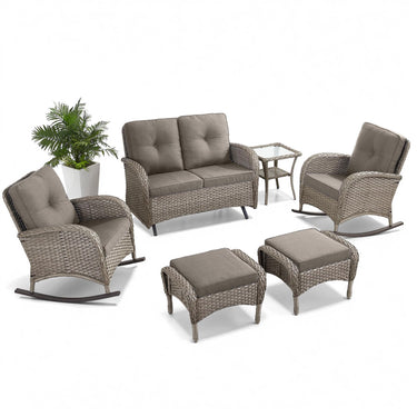 Patio Conversation Set 6-Piece with Glider Loveseat, Rocking Chairs, Side Table, and Ottoman, NDS Series - Belord
