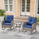 Gray wicker rocking chair set with cushions and side table from Belord's NDS series, perfect for outdoor relaxation.