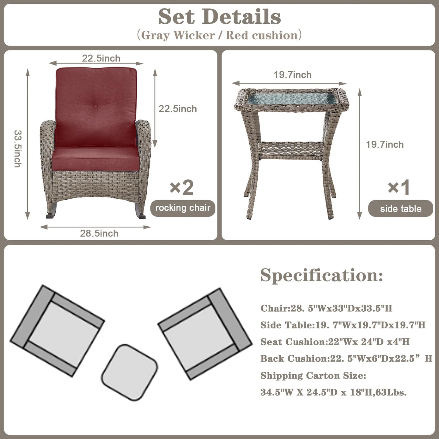 Wicker Rocking Chairs Set with Side Table, NDS Series