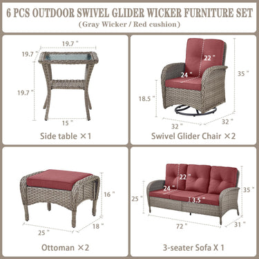 Patio Conversation Set 6-Piece with Sofa, Swivel Glider Chairs, Side Table, and Ottoman, NDS Series - Belord