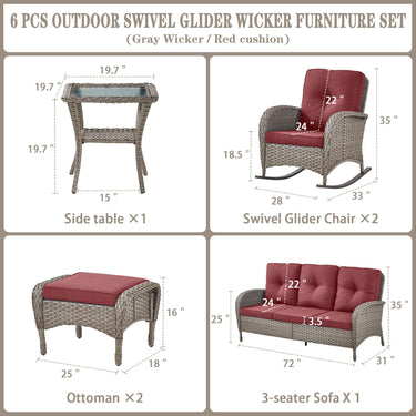 Patio Conversation Set 6-Piece with Sofa, Rocking Chairs, Side Table, and Ottoman, NDS Series - Belord