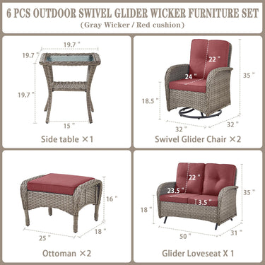 Patio Conversation Set 6-Piece with Glider Loveseat, Swivel Glider Chairs, Side Table, and Ottoman, NDS Series - Belord