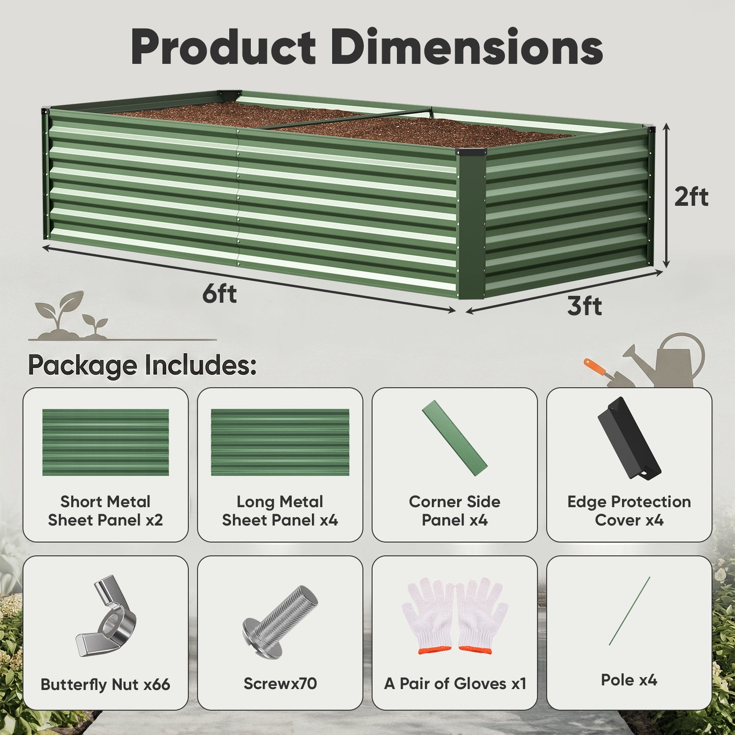 6x3x2ft Galvanized Raised Garden Bed, Outdoor Metal Planter Box with 269 Gallon Capacity for Vegetables, Herbs & Flowers