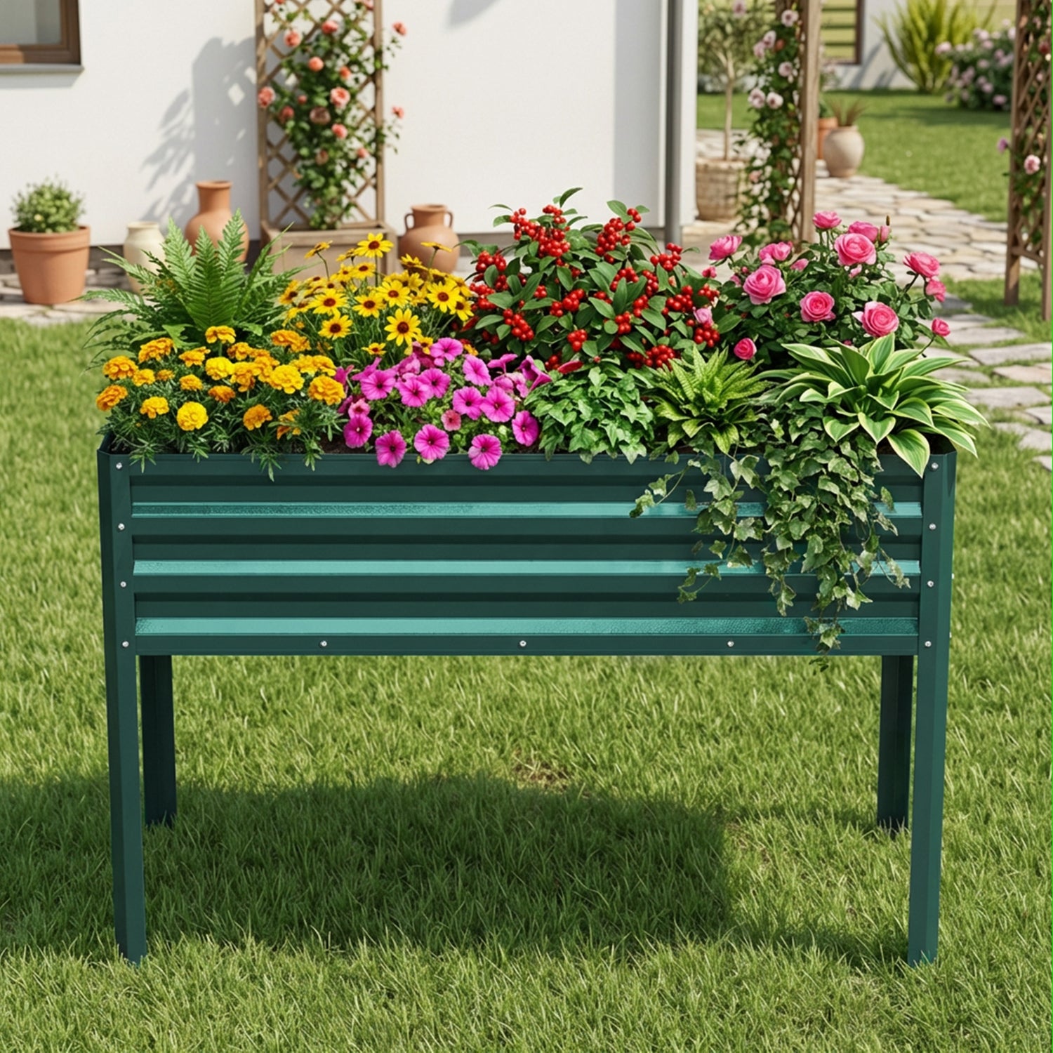 Green galvanized metal raised garden bed with legs, 48x30x24 inches, ideal for vegetables, herbs, and flowers.