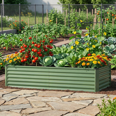 Green galvanized metal raised garden bed by Belord, 6x3x2 ft outdoor planter box for vegetables, herbs, and flowers.