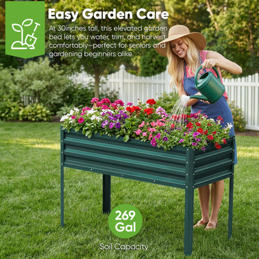 Green galvanized metal raised garden bed with legs, ideal for vegetables, herbs, and flowers, by Belord.